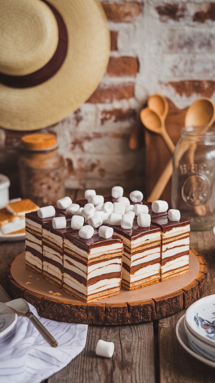 Decadent S Layered dessert featuring graham crackers, cream filling, and chocolate glaze, served on a rustic table.